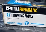 Central Pneumatic 2.5 Inch 21 Degree Framing Nails - Round Head 2400+. Fixed Price $54.00.