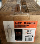 Paslode 1/2" Crown 1-3/4" Leg 16 Gauge Brite Staples 9,000 Box 400029. Fixed Price $89.65.