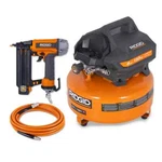 Ridgid 6 Gal. 150 Psi Electric Pancake Air Compressor W/18GA Brad Nailer & Hose. Fixed Price $169.99.