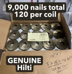 9,000 Count Lot Hilti .120 X 1" Collated Galvanized Smooth Roofing Coil Nails. Fixed Price $102.38.