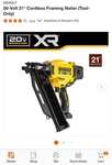 New Dewalt 20V Max Xr 21 Degree Framing Nailer DCN920B. Fixed Price $329.99.